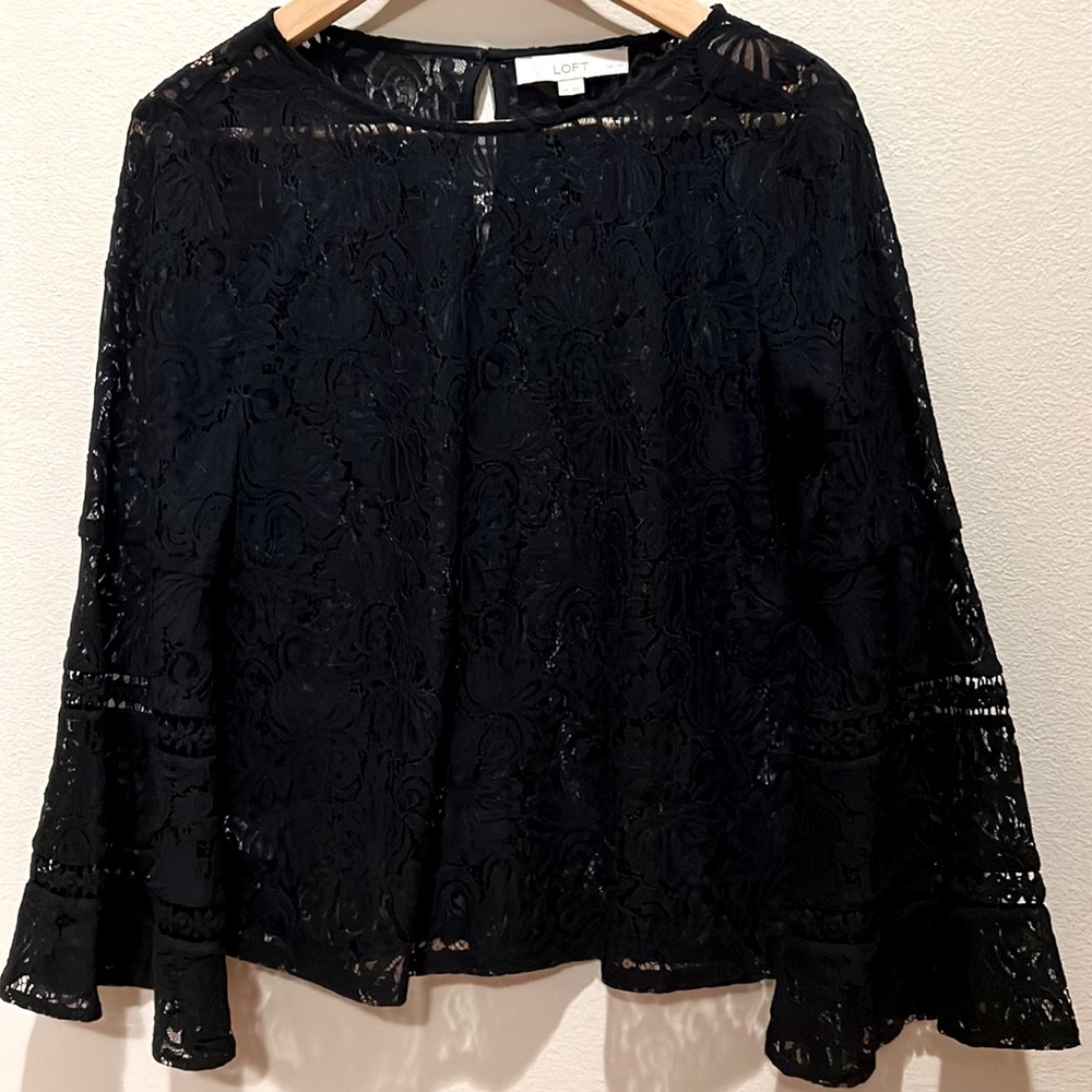 Loft dark blue lace top with bell sleeves - Picture 3 of 15